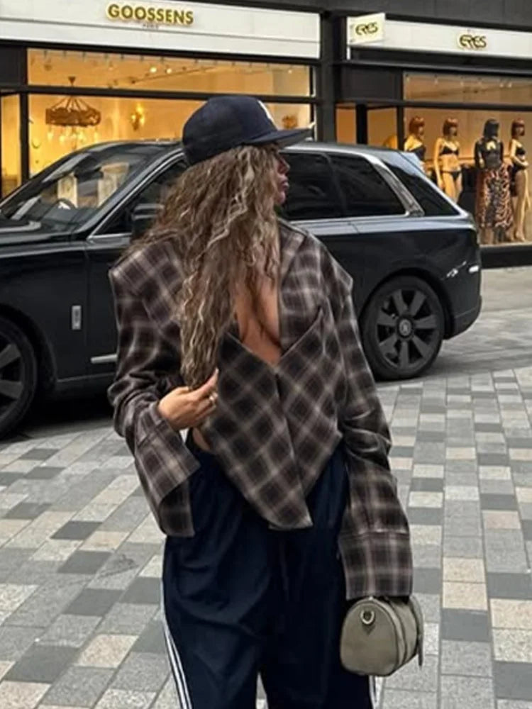 MQTIME  -  Plaid Contrast Collar Irregular Hem Jacket Women Split Single Breasted Shoulder Pads Long Sleeve Street Shirts 2025 Autumn Party
