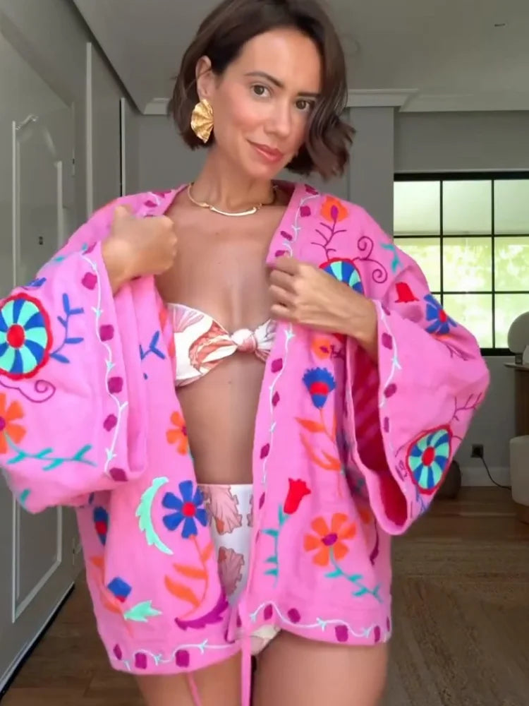 MQTIME  -   Chic Embroidered Print Women's Jacket Fashion V-neck Long Sleeved Lace Up Female Coats Autumn Lady Street New Outerwear