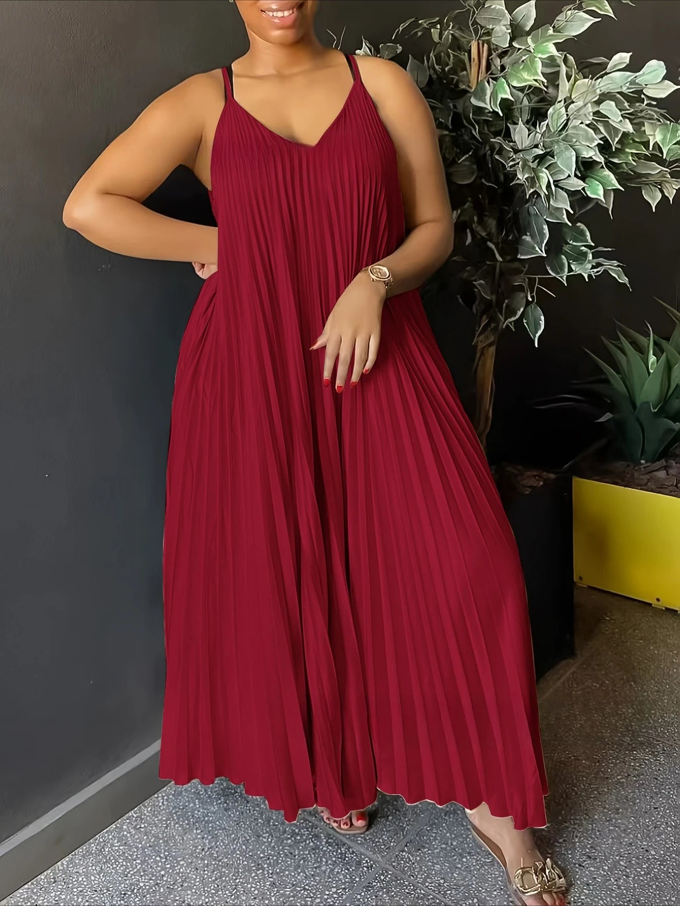 MQTIME  -  Summer High Waist V Neck Casual Sleeveless Dress Pleated Spaghetti Strap Dresses New Relaxed Sexy Maxi Beach Women Dress