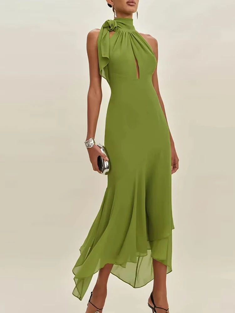 MQTIME  -  Sexy Hanging Neck Solid Evening Dress Summer Fashion Sleeveless Birthday Long Dress Elegant Draped Lace-Up Party Women Dresses