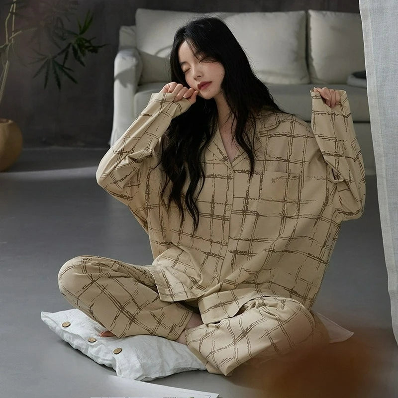 MQTIME  -  Women Spring Autumn and Winter Pure Cotton Long-sleeved Striped Lace Lapel High-end Light Luxury Loungewear Set Comfort