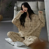 MQTIME  -  Women Spring Autumn and Winter Pure Cotton Long-sleeved Striped Lace Lapel High-end Light Luxury Loungewear Set Comfort