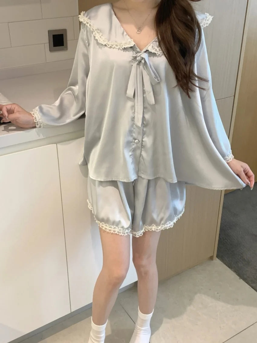 MQTIME  -  Women Sweet Solid Pajamas Sets Chic Loose New Summer 2025 Wide Leg Shorts Comfortable Home Wear Minimalist Suits