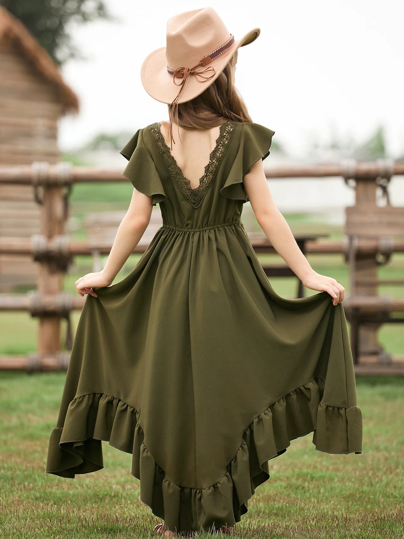 MQTIME  -  New Christmas Style Solid Color Ruffle Edge Irregular Skirt Lace Fly Sleeves Fashionable V-Neck Dress for Teenage Girls