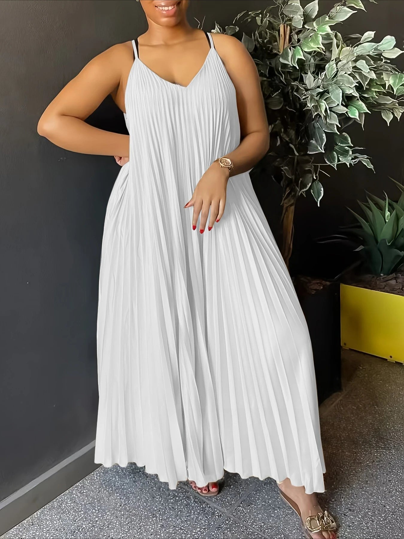 MQTIME  -  Summer High Waist V Neck Casual Sleeveless Dress Pleated Spaghetti Strap Dresses New Relaxed Sexy Maxi Beach Women Dress