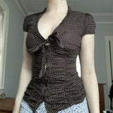 MQTIME  -  French lace up bow polka dot breasted short top with retro style, pleated waist, slimming effect, versatile short sleeved shirt