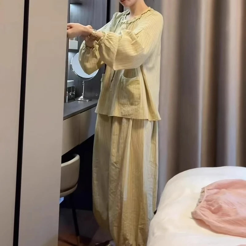 MQTIME  -  Girls Sweet Lace Long-sleeved Pajamas Women's Spring and Autumn Models New Comfortable Cotton Yarn Loungewear Large Size Set