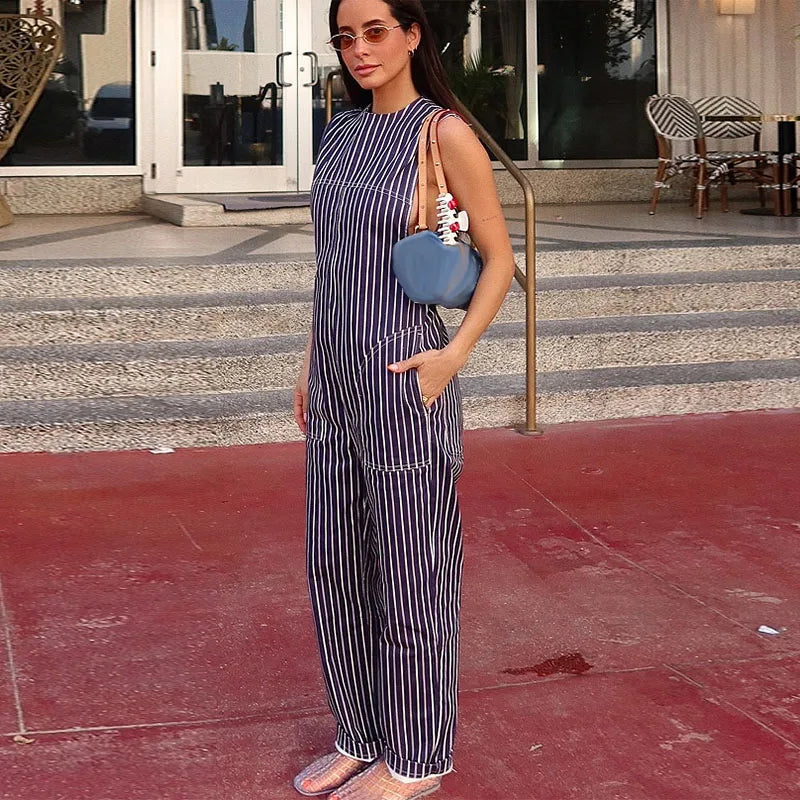 MQTIME  -  Women's Casual Stripe Jumpsuit O-neck Sleeveles High Waist Wide Leg Trousers Bodysuit Female Summer Fashion Lady Rompers