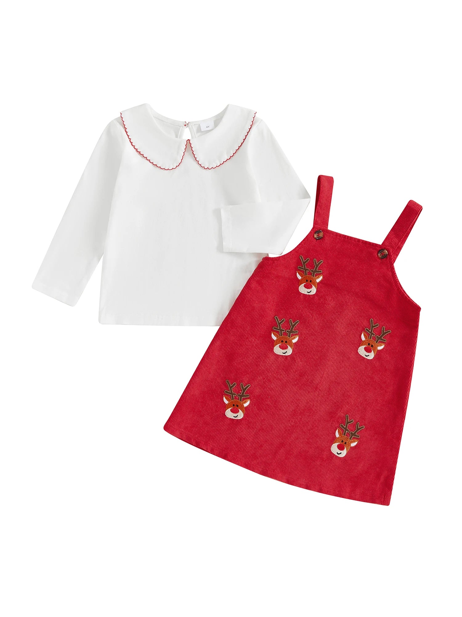 MQTIME  -  Adorable Baby Girl Christmas Outfit with Ruffle Collar Shirt and Reindeer Print Overall Dress - Festive 2 Piece Set for Toddler