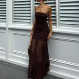 MQTIME  -  Women Sexy Strapless Mesh Patchwork Irregular Hem Party Long Dress Pleated Tight Backless Club Sleeveless Summer Vestidos