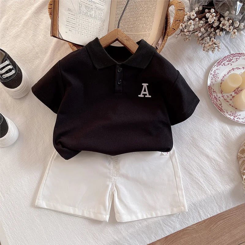 MQTIME  -  2Piece 2025 Summer Baby Boy Clothes Korean Fashion Casual Letter Short Sleeve Black Tops+Shorts Clothings Children's Sets BC2116