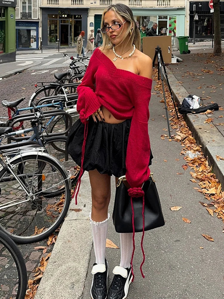 MQTIME  -  Elegant Knitted V-neck Red Sweater Women Vintage 3D Flower Drawstring Long Sleeve Sweaters Female Christmas Chic Street Knitwear