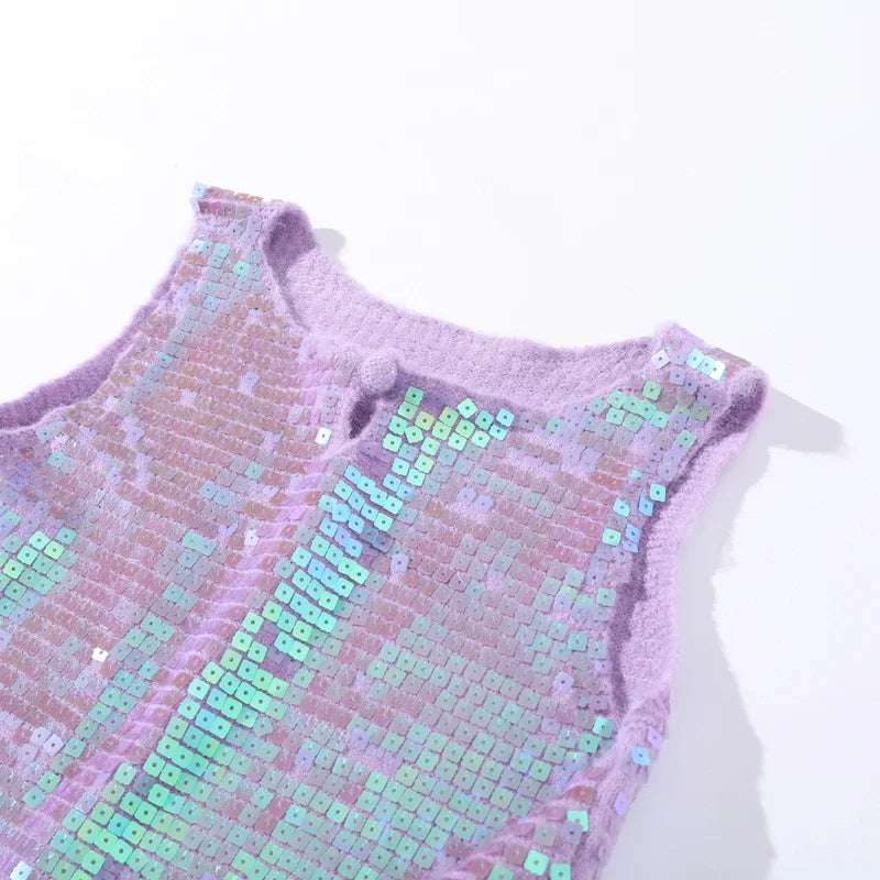 MQTIME  -   Fashion Sequined O-neck Vest Women Sexy Knitted Sleeveless Solid Slim Shinny Tops Female 2025 Casual Summer Party Top Lady