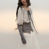 MQTIME  -  French round neck bow tie tie contrasting color waistband lantern long sleeved top T-shirt for women