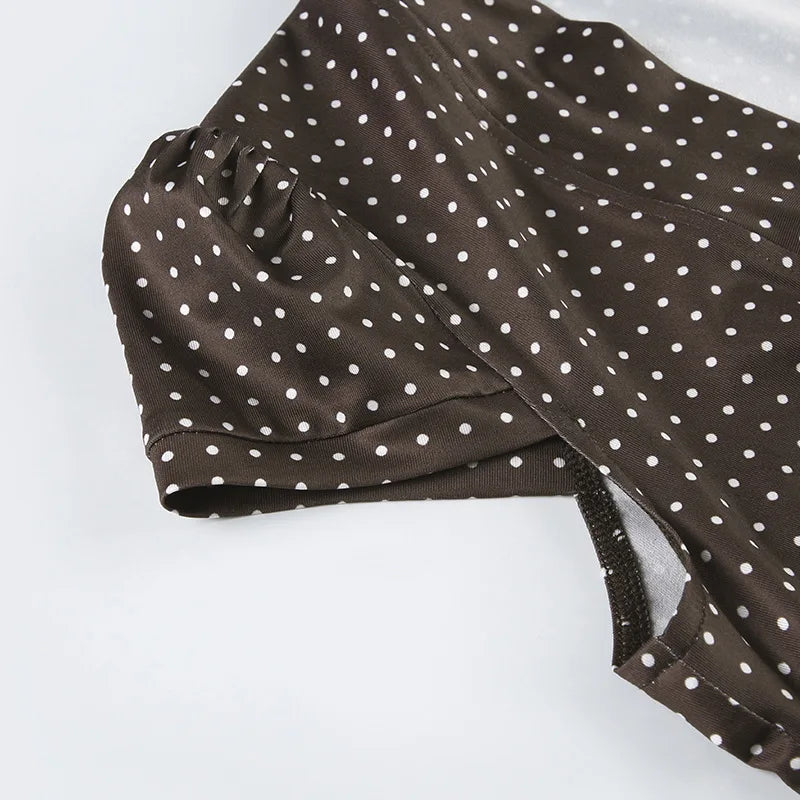 MQTIME  -  French lace up bow polka dot breasted short top with retro style, pleated waist, slimming effect, versatile short sleeved shirt