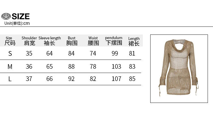 MQTIME  -  V Neck Backless Beach Mini Dress For Women Knitted Fishnet See Through  Long Sleeve Club Sexy Elastic Casual Party Vestidos