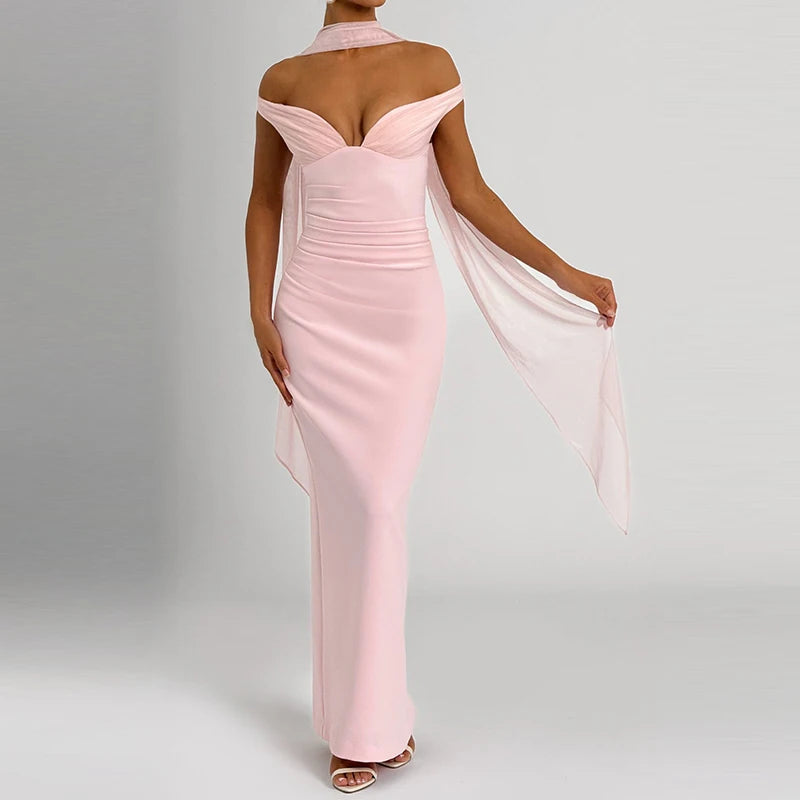 MQTIME  -  Summer Sleeveless Deep V-neck Bodycon Dress Trendy Off Shoulder Ribbon Wrap Hips Dress Sexy Hot Girl Tube Top Solid Color Gown