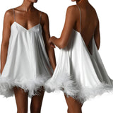 MQTIME  -  Women Solid Color Feather Trim V-Neck Chain Spaghetti Straps Sling Mini Dress Summer Sleeveless Backless vestido