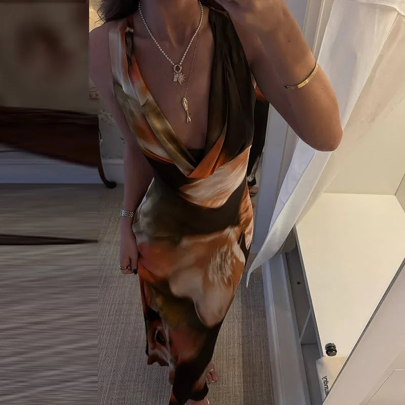 MQTIME  -  Elegant Swing Neck Low Cut Skinny Long Dress Women Sexy Sleeveless High Waist Party Dress Fashion Printed Draped Evening Dresses