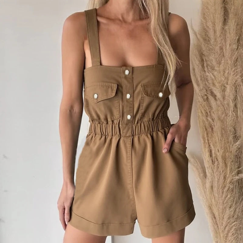 MQTIME  -  Fashion Strappy Elastic Waisted Short Jumpsuit Women All Match Cargo Slim Summer Denim Rompers Streetwear 2025 Jeans One Piece