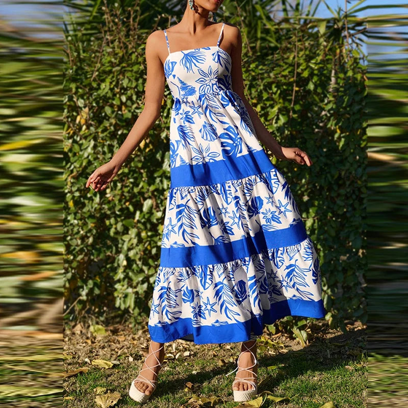 MQTIME  -  Vintage Plant Printed Spaghetti Strap Long Dress Casual Off Shoulder Sleeveless Vacation Dress Women New Summer Big Hem Dresses