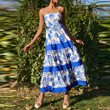 MQTIME  -  Vintage Plant Printed Spaghetti Strap Long Dress Casual Off Shoulder Sleeveless Vacation Dress Women New Summer Big Hem Dresses