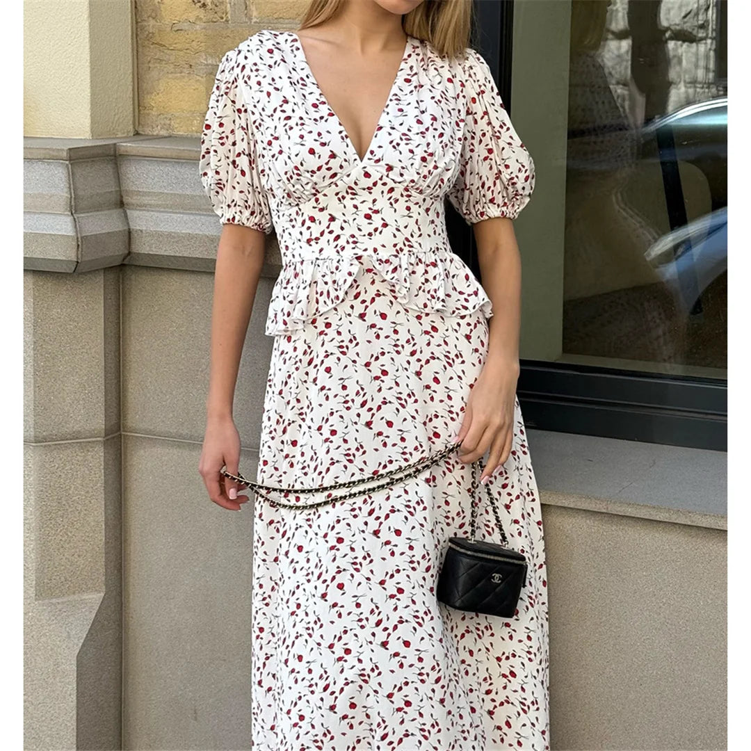 MQTIME  -  Flowers Printed V-Neck Waist Hugging Long Dress Female Puff Sleeve Elegant Fashion Dress Short Sleeve Slimming Women Dress D554