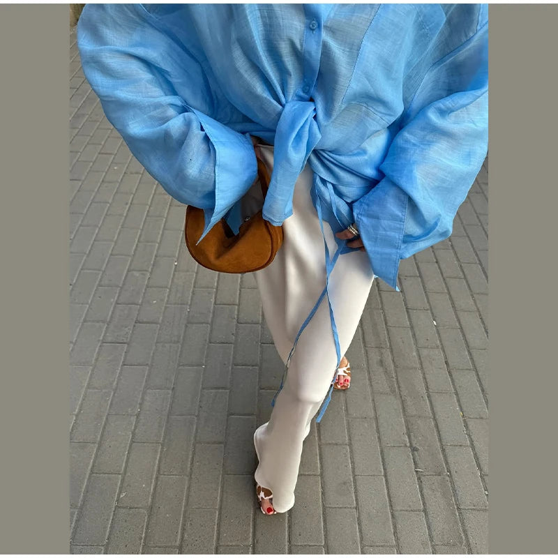 MQTIME  -   Oversized Women's Sheer Casual Shirt Blouse Draped Long Sleeve Lapel Loose Fit Outerwear New Casual Daily Streetwear Outfit