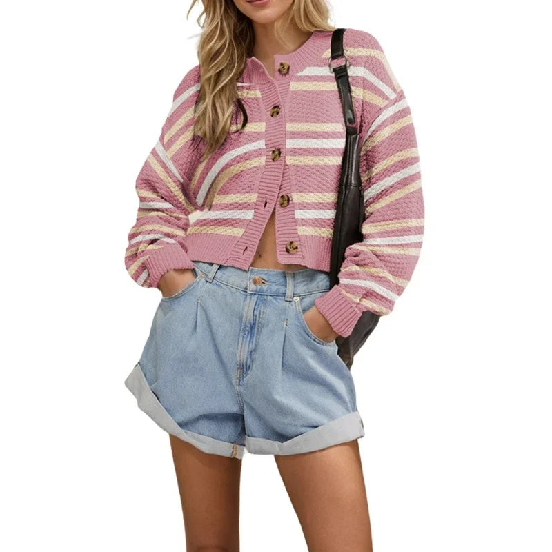 MQTIME  -  Stripe Baggy Cardigan Women Single Breasted Streetwear Long Sleeve Casual Tops Female Autumn Winter Loose Knitted Sweaters Women