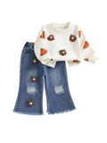 MQTIME  -  Girls Autumn Fashion Floral Print Hoodie and Distressed Denim Flare Pants Set for Toddlers