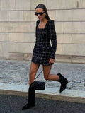 MQTIME  -  Tweed Plaid Elegant Long Sleeve Mini Dress Women Square Collar High Waist 2025 Autumn Casual Dresses Party Evening Lady Robe