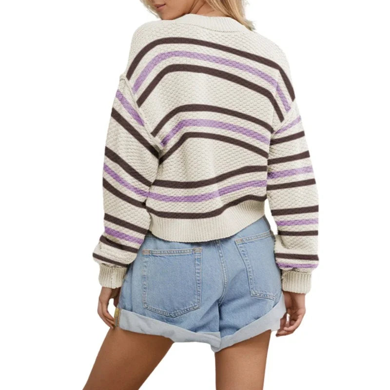 MQTIME  -  Stripe Baggy Cardigan Women Single Breasted Streetwear Long Sleeve Casual Tops Female Autumn Winter Loose Knitted Sweaters Women