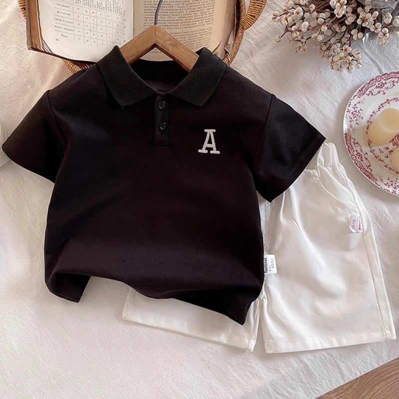 MQTIME  -  2Piece 2025 Summer Baby Boy Clothes Korean Fashion Casual Letter Short Sleeve Black Tops+Shorts Clothings Children's Sets BC2116