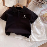 MQTIME  -  2Piece 2025 Summer Baby Boy Clothes Korean Fashion Casual Letter Short Sleeve Black Tops+Shorts Clothings Children's Sets BC2116