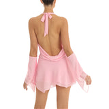 MQTIME  -  Summer Womens Sexy Solid Color Tie Up Hanging V-Neck Cold Shoulder Flare Long Sleeve Backless Short Mini Ruffle Dress