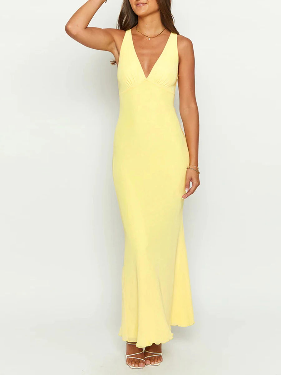 MQTIME  -  Women Summer Elegant Sleeveless V Neck Backless Hole Cutout Solid Color Long Evening Party Wedding Mermaid Long Dress
