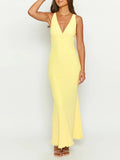 MQTIME  -  Women Summer Elegant Sleeveless V Neck Backless Hole Cutout Solid Color Long Evening Party Wedding Mermaid Long Dress