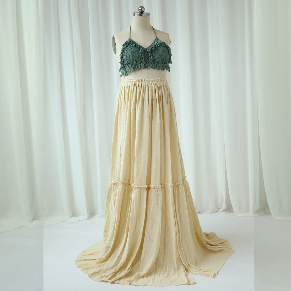 MQTIME  -  Maternity Photography Props Dress Linen Cotton Long Skirt&Knit Camisole Top Pairing Wilderness Style Photography Clothing