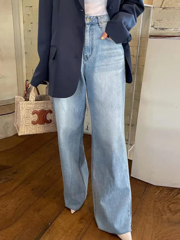 MQTIME  -  French Style High Waist Vintage Washed Flared Jeans Women's Fashion with Love Print Retro Loose Wide Leg Denim Pants Casual