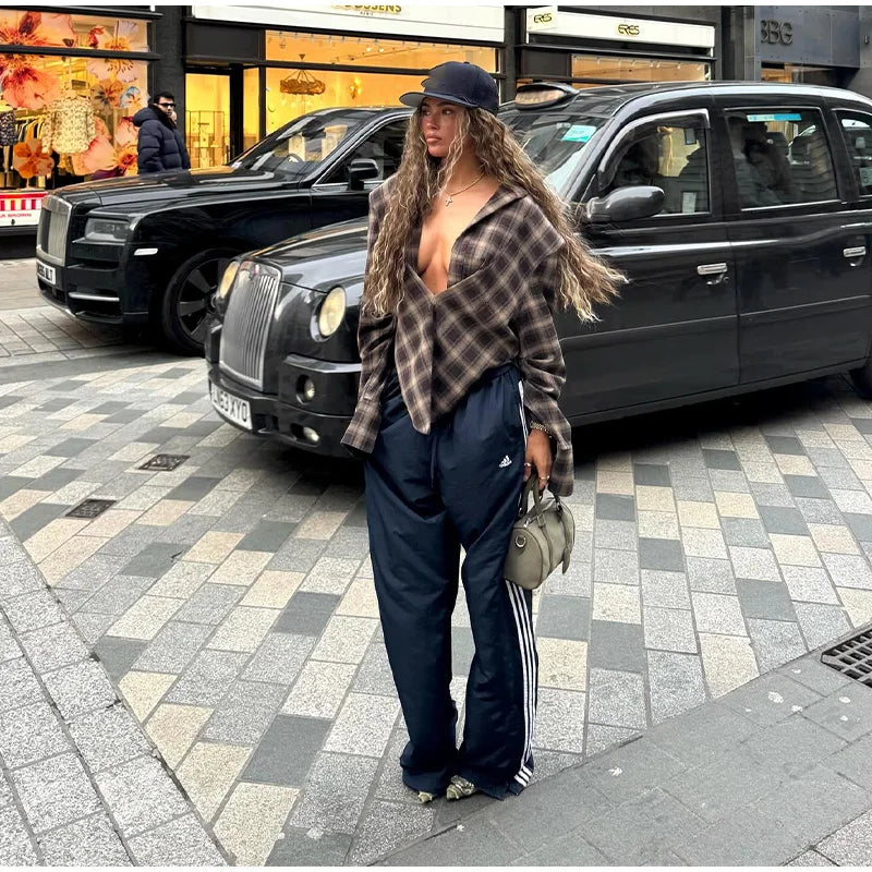 MQTIME  -  Plaid Contrast Collar Irregular Hem Jacket Women Split Single Breasted Shoulder Pads Long Sleeve Street Shirts 2025 Autumn Party