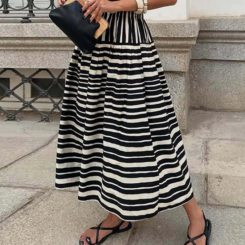 MQTIME  -  Spring Fall Casual Big Swing Party Skirt Fashion Striped Printed Half Skirt For Women Elegant Hight Waist Draped Bohe Long Skirt