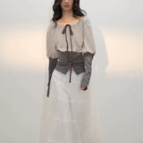 MQTIME  -  French round neck bow tie tie contrasting color waistband lantern long sleeved top T-shirt for women