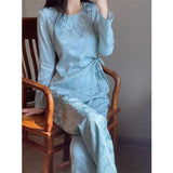 MQTIME  -  Spring Retro Chinese Style Pink Jacquard Home Dress Chinese Set Classical Fashion Round Neck Skew Collar Pajamas Two-piece Trend