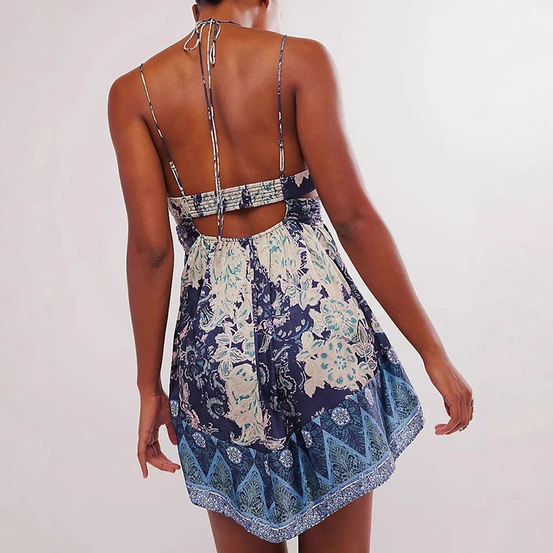 MQTIME  -  Sweet Girl Floral Print Suspender Short Dress Sexy Backless Sleeveless Club Mini Dress Elegant Hollow Out Party Dress for Women