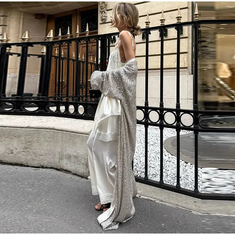 MQTIME  -   Elegant Sequin Women's Cardigan Chic Full Sleeve Oversize Long Jackets Female 2025 Autumn Fashion New Lady High Street Outwears