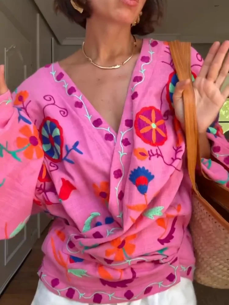 MQTIME  -   Chic Embroidered Print Women's Jacket Fashion V-neck Long Sleeved Lace Up Female Coats Autumn Lady Street New Outerwear