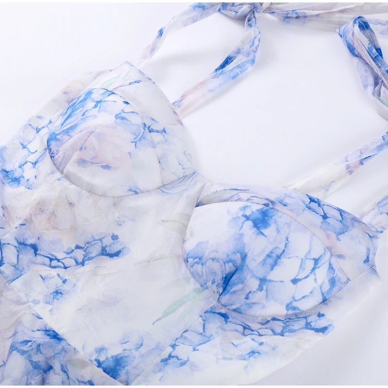 MQTIME  -  Elegant Printed Short Dresses Women Chic Lace Up Sleeveless Puff Dress Female Summer Holiday High Waist Lady Vestidos Beachwear