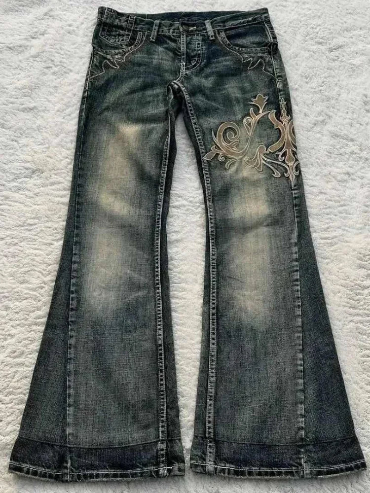 MQTIME  -  New Y2k Retro Flared Jeans Women Harajuku Gothic Embroidery Denim Pants Vintage Punk Baggy Street Grunge Washed Trousers