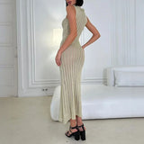MQTIME  -  Knitted Beach Vacation Hollow Long Dress Lady O-neck Sleeveless Vest Summer A-line Dress Simple Solid Color Beach Cover Up Dress