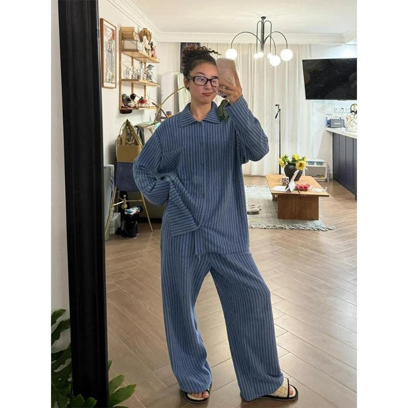 MQTIME  -  Ins Korean Simple Striped Pajamas Women's Autumn and Winter New Loungewear Large Size Suit Can Be Worn Outside Comfortable